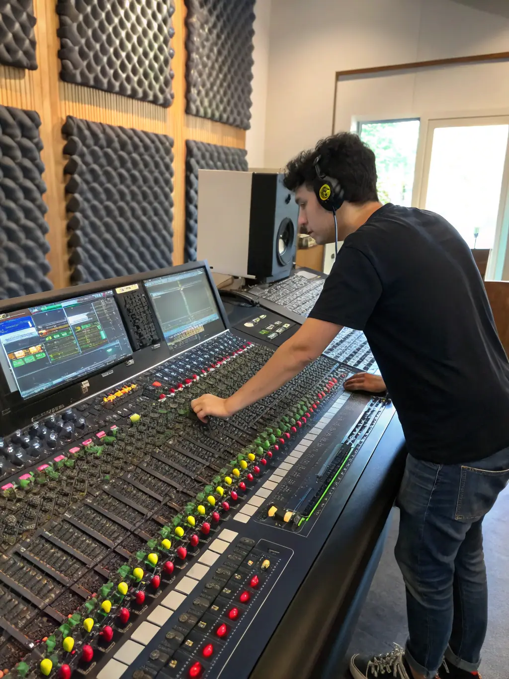 A recording session in a professional studio, featuring a FREESOUND sound engineer working with a local artist to produce high-quality audio tracks.