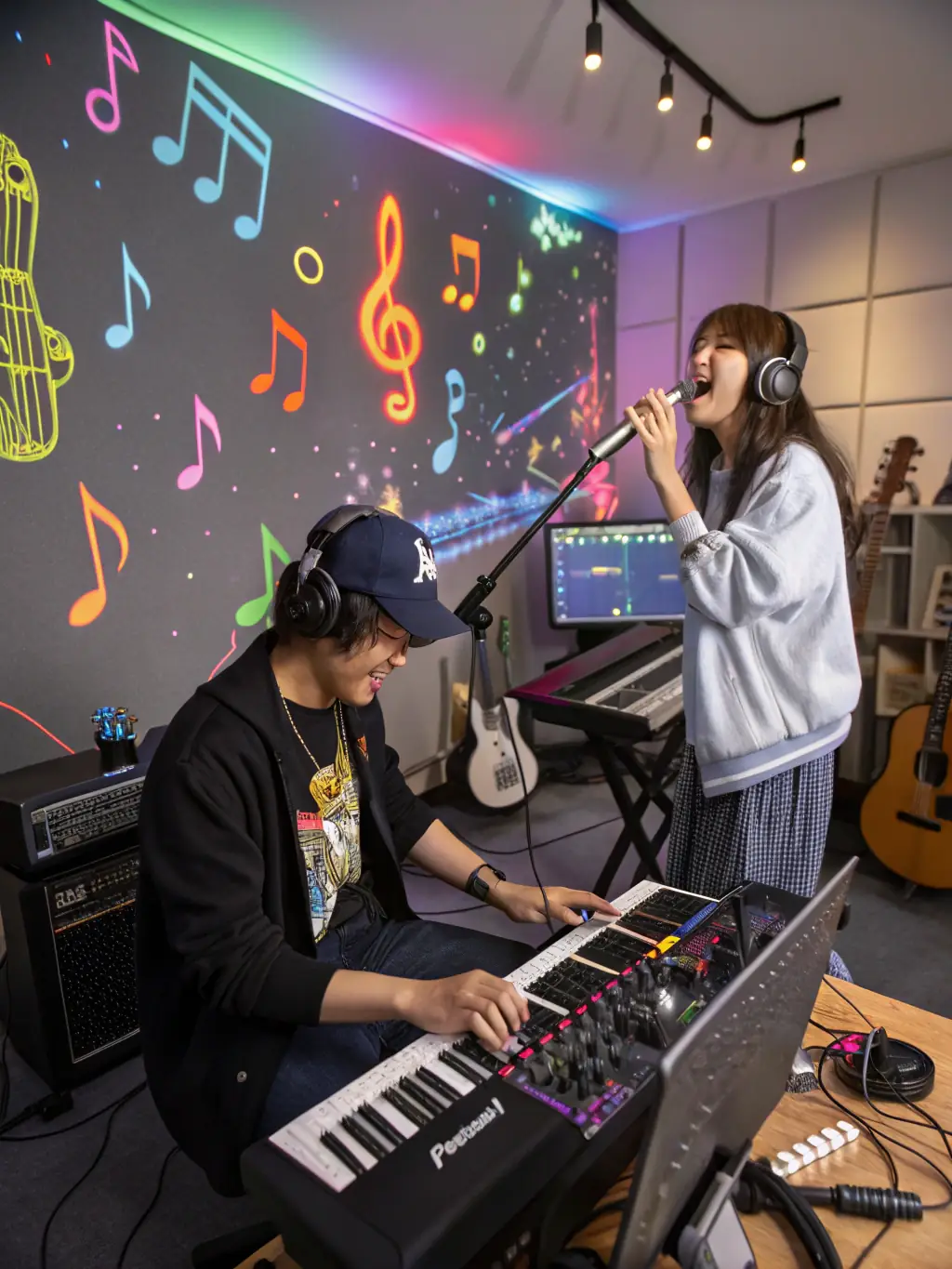 A group of young musicians participating in a FREESOUND workshop, learning about music production techniques, with a focus on hands-on experience and collaborative learning.
