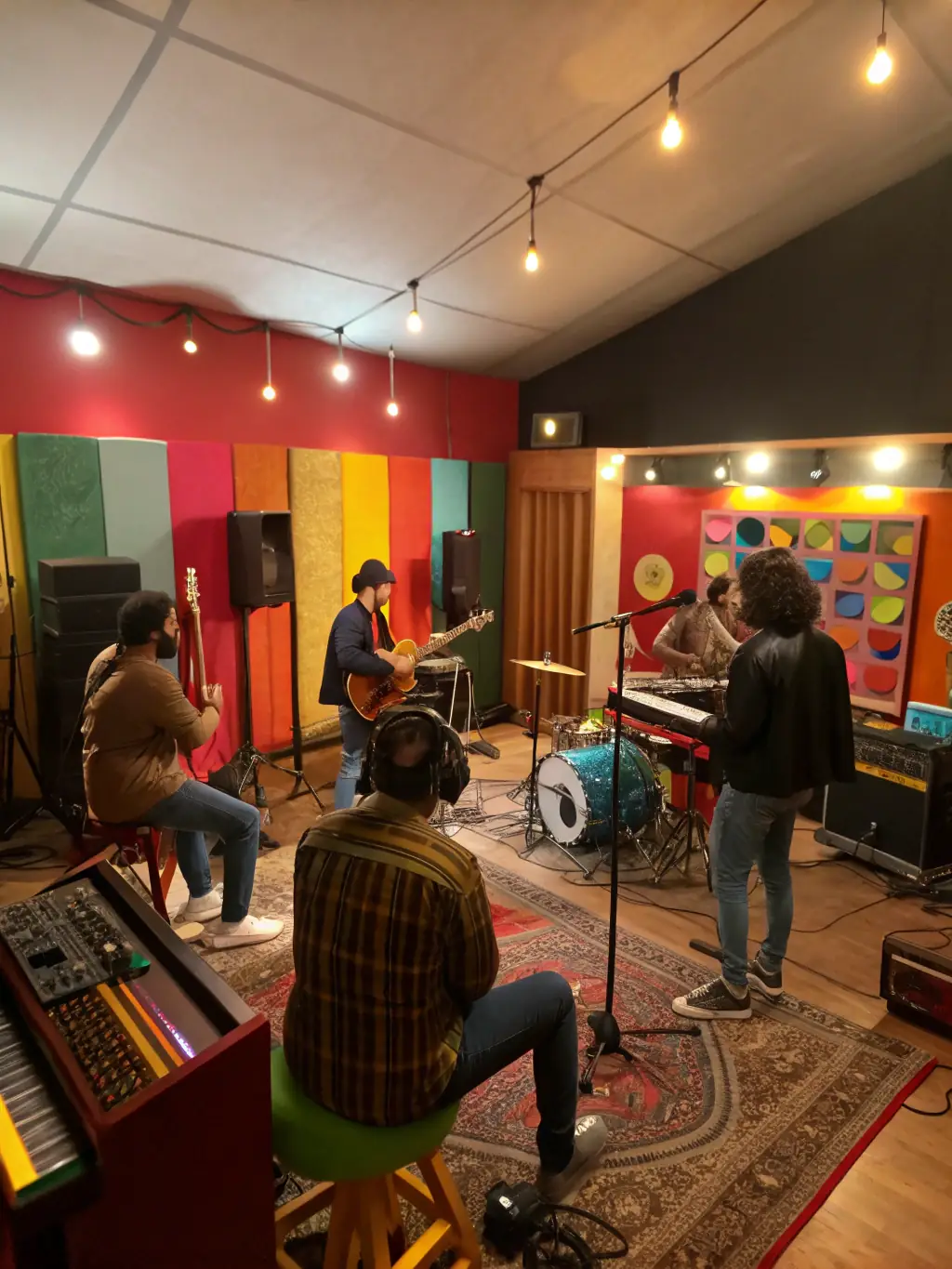 A diverse group of musicians collaborating in a vibrant recording studio, surrounded by instruments and sound equipment, capturing the essence of FREESOUND's audio production services.